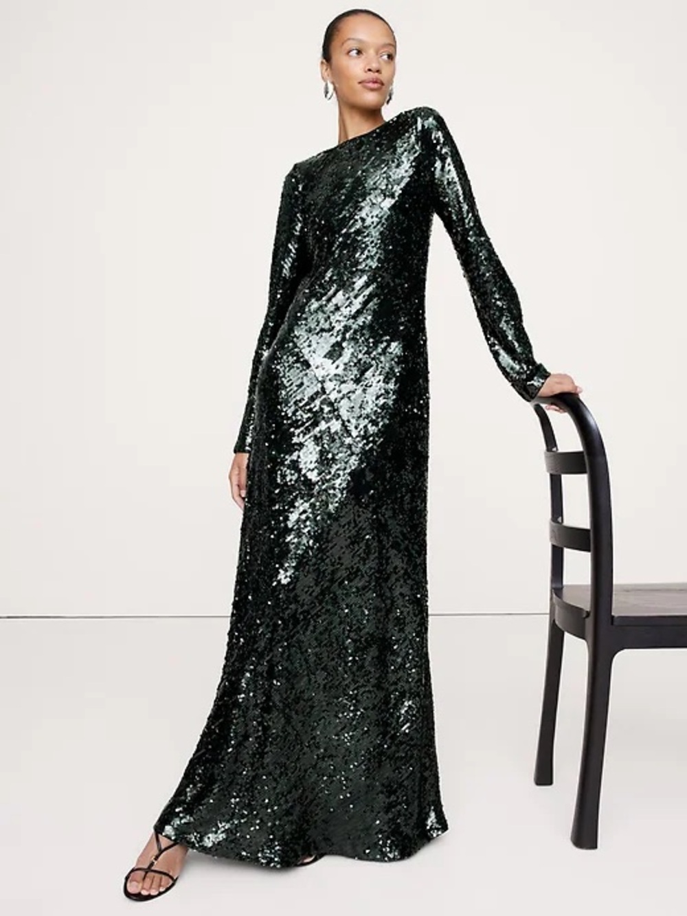 Banana Republic Dark Emerald Sequin Long Sleeve Gown